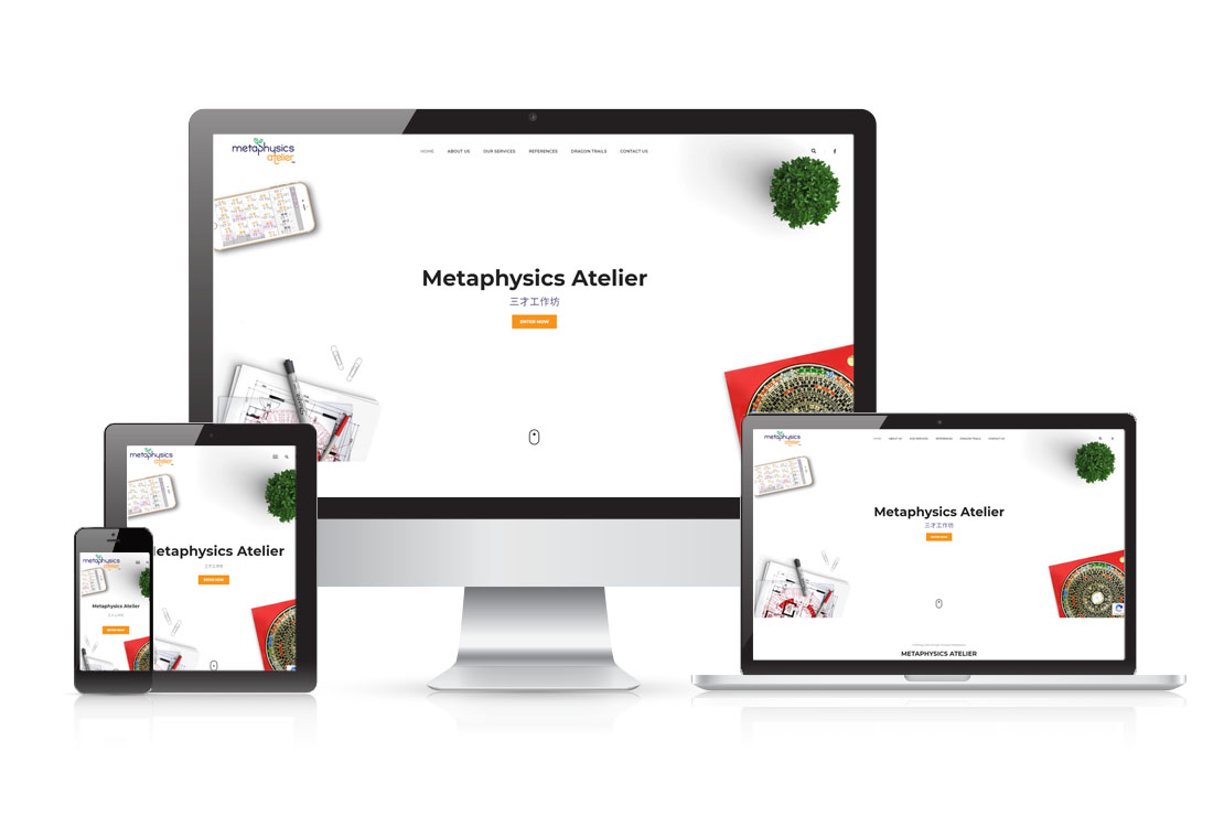 Image of Metaphysics Atelier's website shown on desktop, laptop, tablet and phone